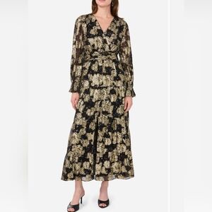 NWOT Halogen Metallic Long Sleeve Elegant Black and Gold Floral Dress